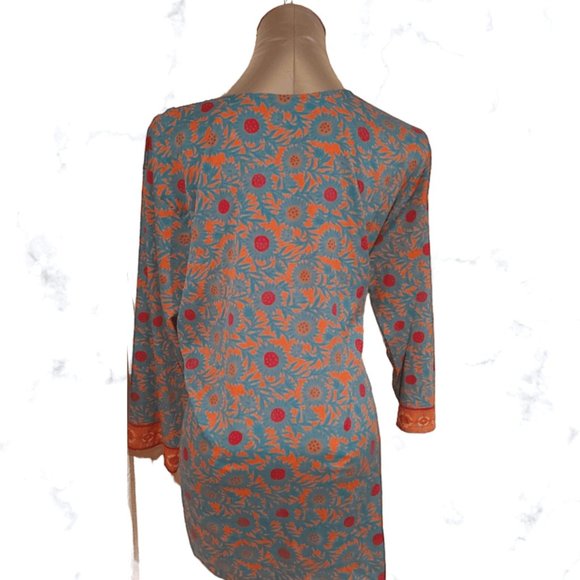 Traditional Indian Teal and Orange Long Tunic - Picture 3 of 5